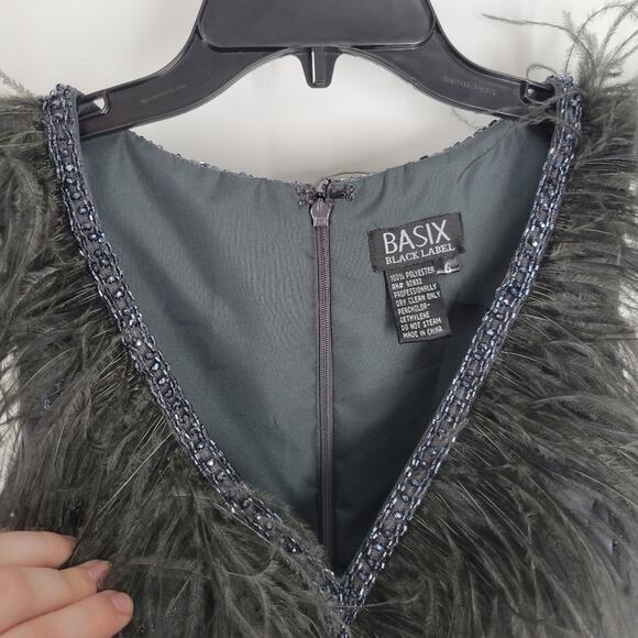 Basix Charcoal Feather Trim Sequin Sleeveless A Line Gown 6 - Picture 5 of 16